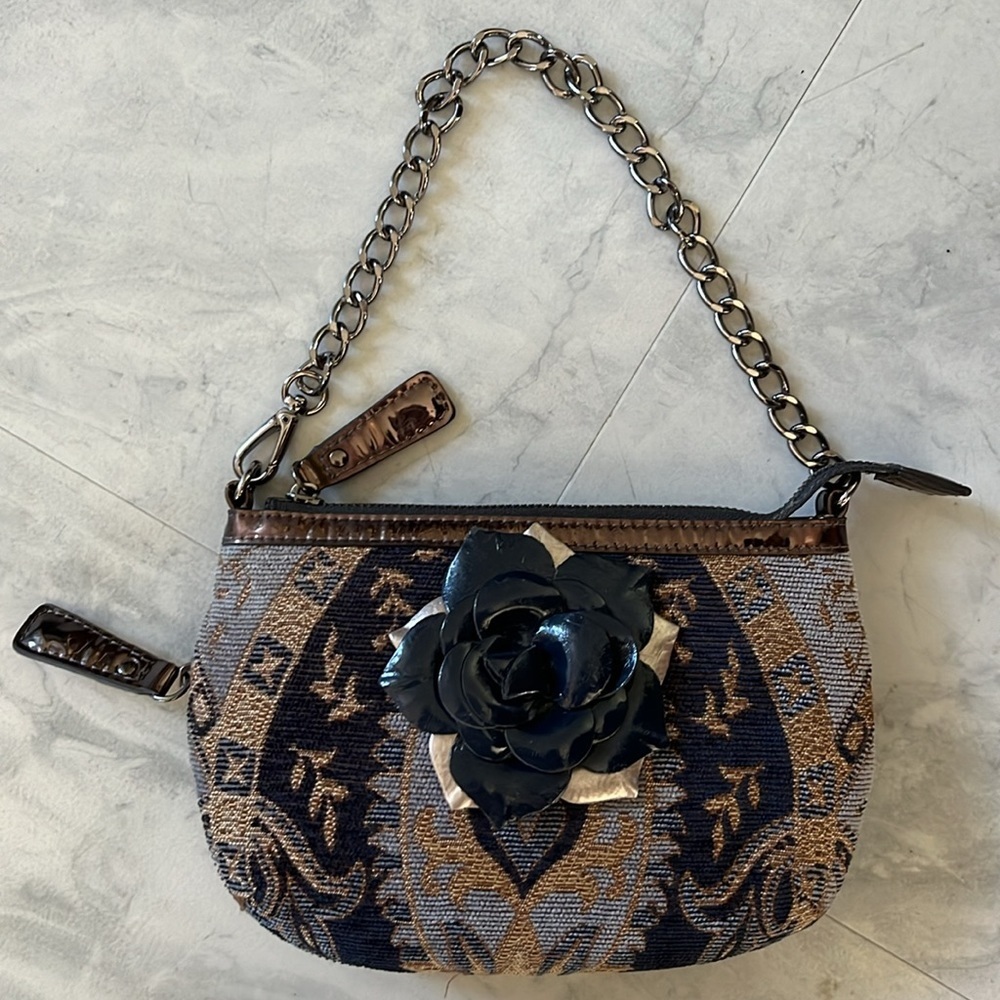 Sharif  Tapestry Satchel  navy/gold expanding bottom   velvety    gunmetal  NWOT - Picture 6 of 17